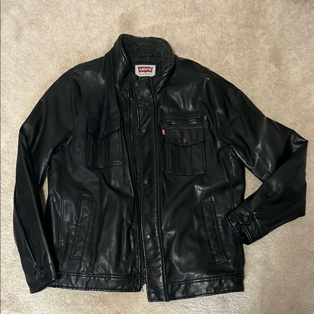 Levi's Men’s Faux Leather Black Jacket Faux Fur Lining Zip Up Size XL